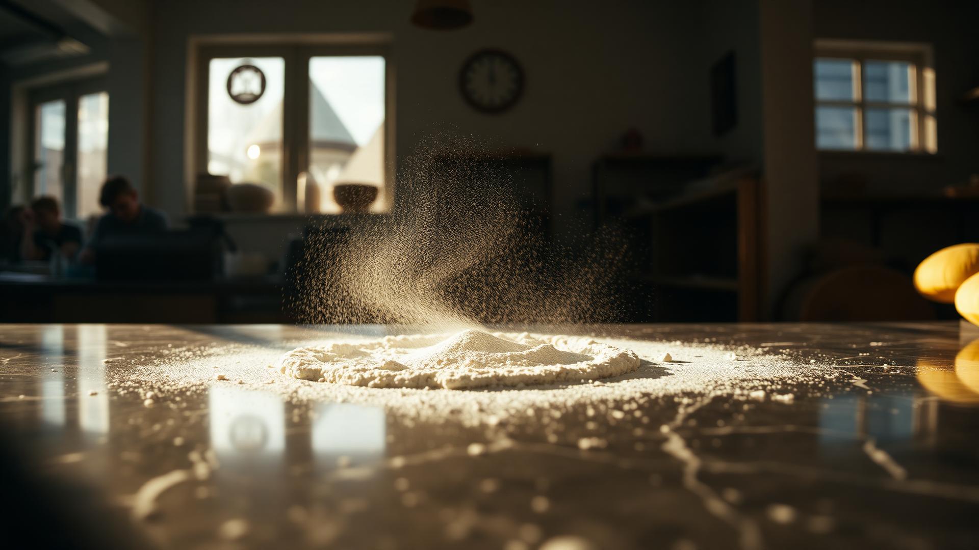 Flour dusting a dark marble counter in a sunlit bakery